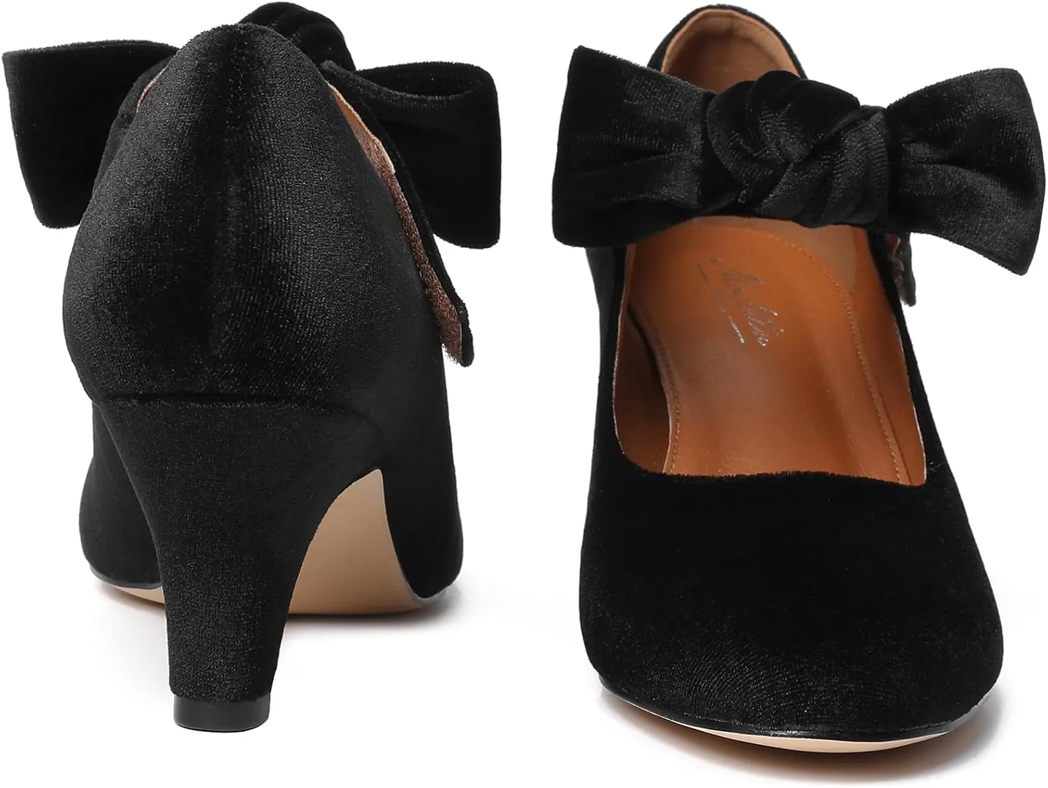 Mostrin Kitten Heels for Women Bow Mary Jane Pumps Closed Round Toe Low Heels Ankle Strap Dress Shoes for Wedding Evening Church