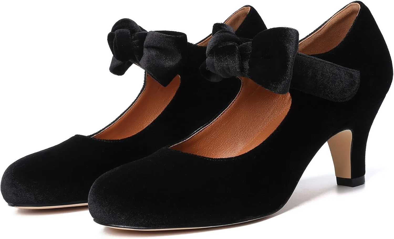 Mostrin Kitten Heels for Women Bow Mary Jane Pumps Closed Round Toe Low Heels Ankle Strap Dress Shoes for Wedding Evening Church