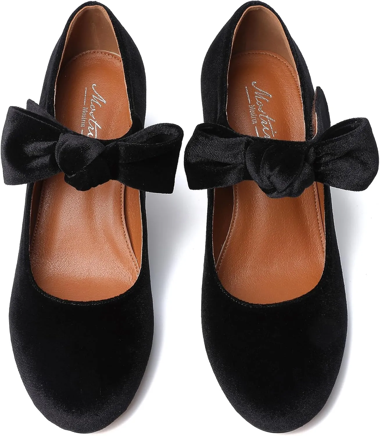 Mostrin Kitten Heels for Women Bow Mary Jane Pumps Closed Round Toe Low Heels Ankle Strap Dress Shoes for Wedding Evening Church