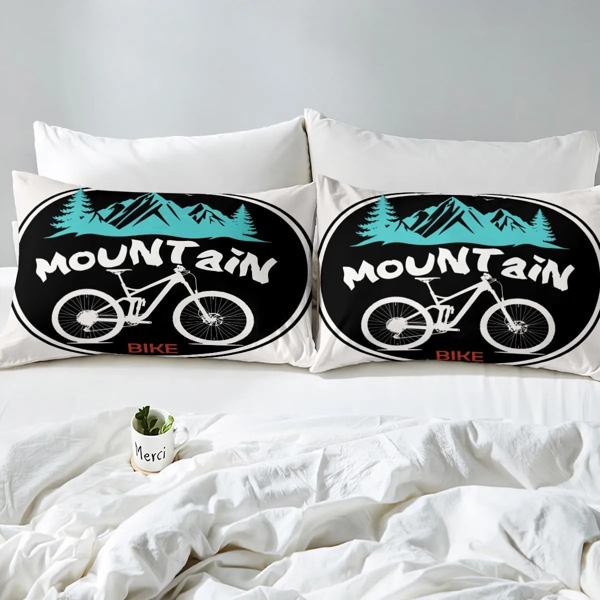 Mountain Bike Kids Sheet Full Size,Mount Adventure Bicycle Rider Bedding Set,Boys Girls Room Decor,Extreme Racing Sports Games Black White Bed Sheet Set 4pcs(Fitted   Flat   2 Pillowcases)