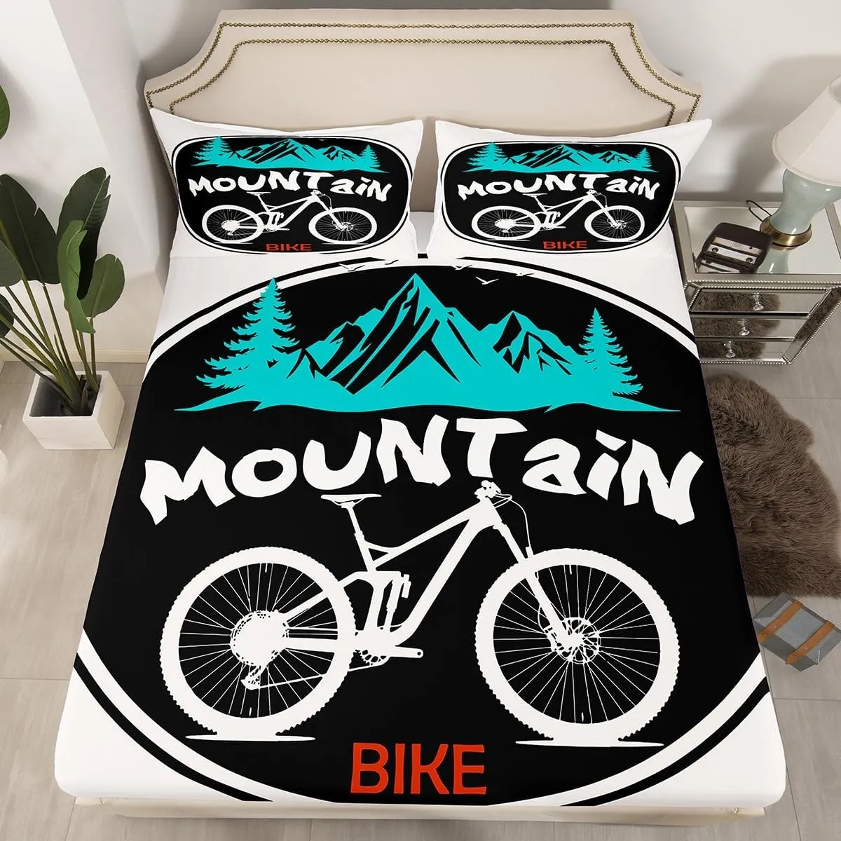 Mountain Bike Kids Sheet Full Size,Mount Adventure Bicycle Rider Bedding Set,Boys Girls Room Decor,Extreme Racing Sports Games Black White Bed Sheet Set 4pcs(Fitted   Flat   2 Pillowcases)