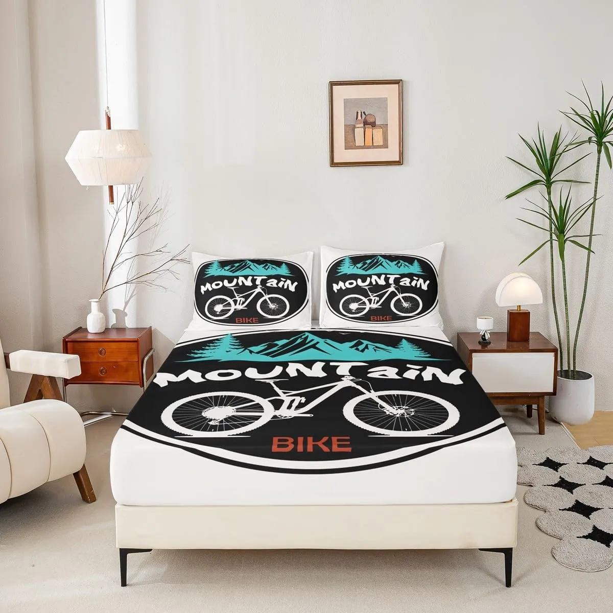 Mountain Bike Kids Sheet Full Size,Mount Adventure Bicycle Rider Bedding Set,Boys Girls Room Decor,Extreme Racing Sports Games Black White Bed Sheet Set 4pcs(Fitted   Flat   2 Pillowcases)