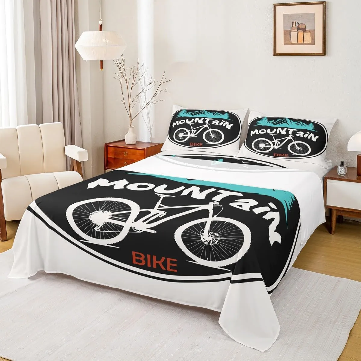 Mountain Bike Kids Sheet Full Size,Mount Adventure Bicycle Rider Bedding Set,Boys Girls Room Decor,Extreme Racing Sports Games Black White Bed Sheet Set 4pcs(Fitted   Flat   2 Pillowcases)