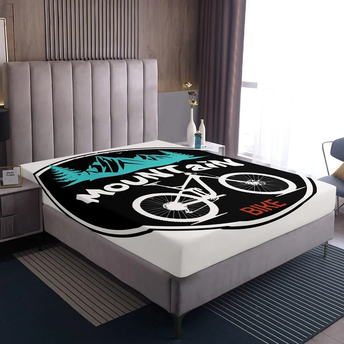 Mountain Bike Kids Sheet Full Size,Mount Adventure Bicycle Rider Bedding Set,Boys Girls Room Decor,Extreme Racing Sports Games Black White Bed Sheet Set 4pcs(Fitted   Flat   2 Pillowcases)