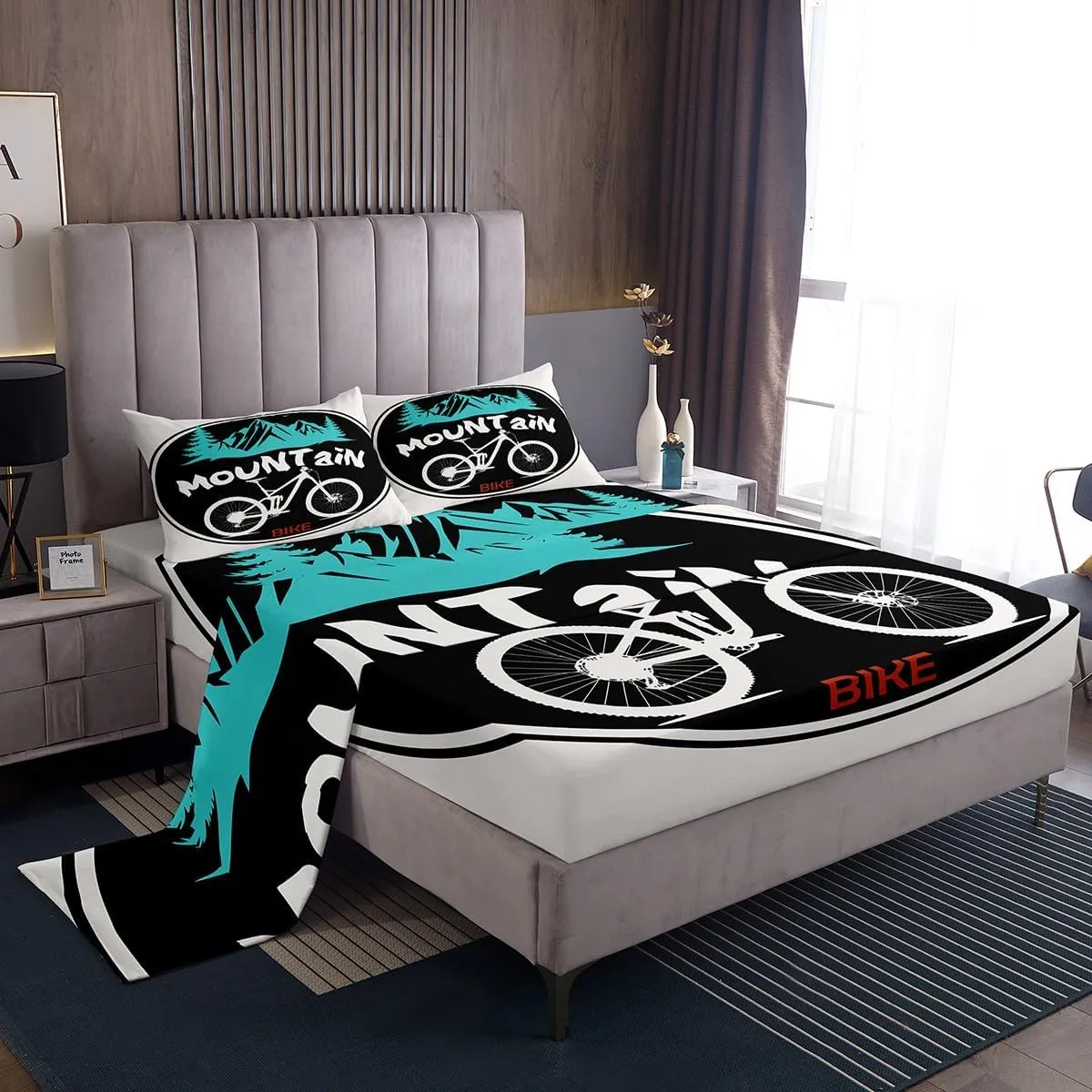Mountain Bike Kids Sheet Full Size,Mount Adventure Bicycle Rider Bedding Set,Boys Girls Room Decor,Extreme Racing Sports Games Black White Bed Sheet Set 4pcs(Fitted   Flat   2 Pillowcases)