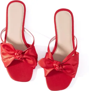 Mtzyoa Women Flat Sandals Bow Satin Ladies Summer Dressy Casual Vacation Bohemian Cute Leather Fashion Comfy Slip On Slides