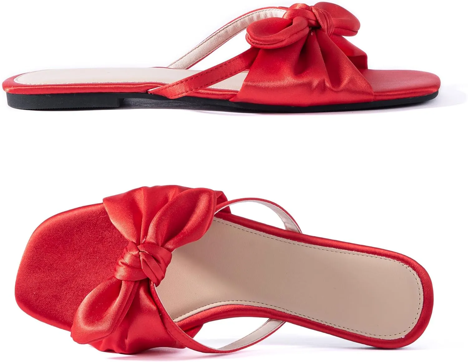 Mtzyoa Women Flat Sandals Bow Satin Ladies Summer Dressy Casual Vacation Bohemian Cute Leather Fashion Comfy Slip On Slides
