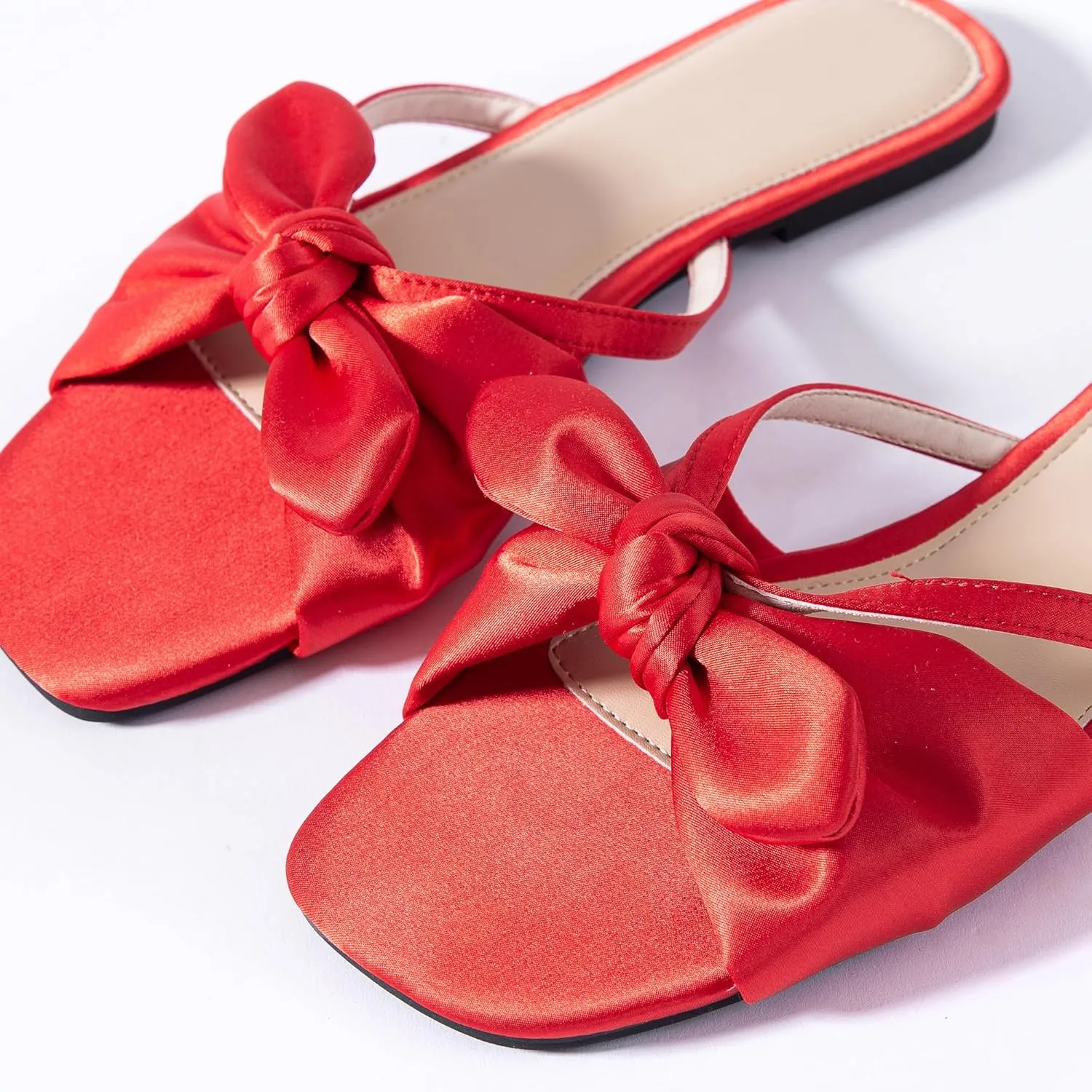 Mtzyoa Women Flat Sandals Bow Satin Ladies Summer Dressy Casual Vacation Bohemian Cute Leather Fashion Comfy Slip On Slides