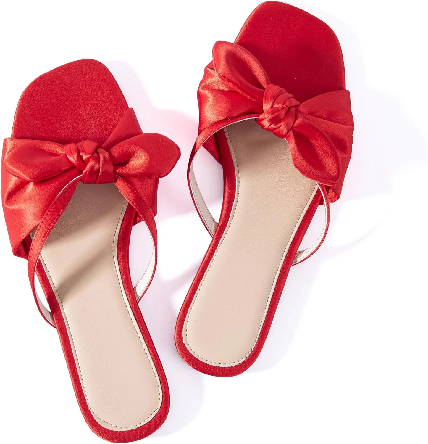 Mtzyoa Women Flat Sandals Bow Satin Ladies Summer Dressy Casual Vacation Bohemian Cute Leather Fashion Comfy Slip On Slides