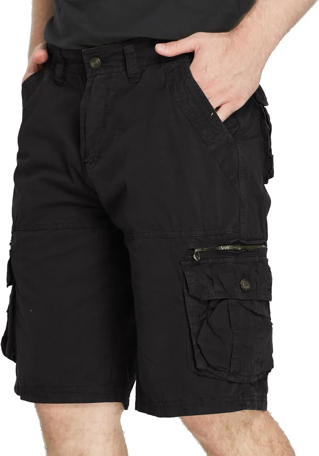 Muscularfit Mens Cotton Shorts Flat-Front Cotton Multi Pockets Cargo Short Solid Buckle Zipper Fashion Utility Tooling Shorts