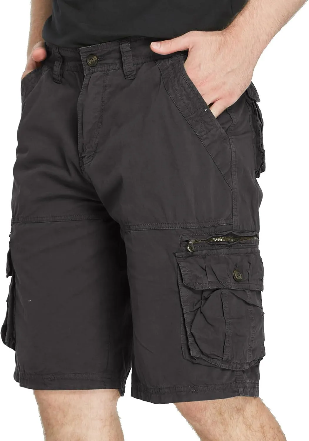 Muscularfit Mens Cotton Shorts Flat-Front Cotton Multi Pockets Cargo Short Solid Buckle Zipper Fashion Utility Tooling Shorts