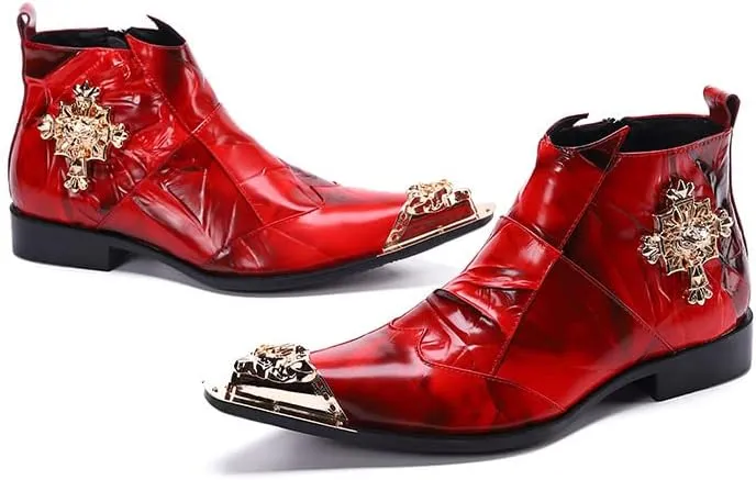 New for Men Ankle Boots Red Color Metal Toe with Pull Tap Show Office for Business The First Layer of Cowhide Pure Leather