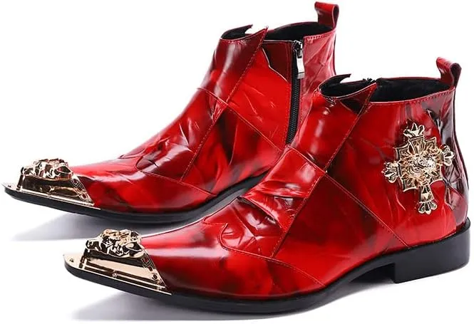 New for Men Ankle Boots Red Color Metal Toe with Pull Tap Show Office for Business The First Layer of Cowhide Pure Leather