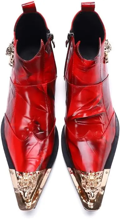 New for Men Ankle Boots Red Color Metal Toe with Pull Tap Show Office for Business The First Layer of Cowhide Pure Leather