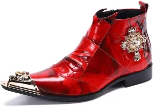 New for Men Ankle Boots Red Color Metal Toe with Pull Tap Show Office for Business The First Layer of Cowhide Pure Leather