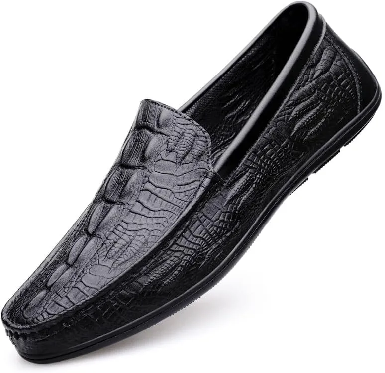 New Loafers for Men Round Toe Vegan Leather Crocodile Embossed Loafer Flexible Anti-slip Resistant Outdoor Slip On