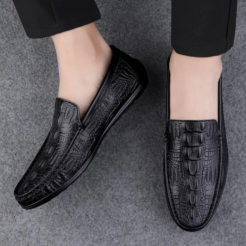 New Loafers for Men Round Toe Vegan Leather Crocodile Embossed Loafer Flexible Anti-slip Resistant Outdoor Slip On
