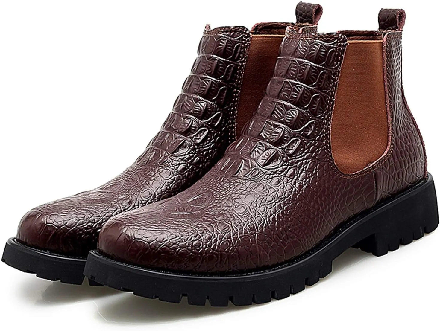 New Men's Chelsea Boots Round Toe Faux Crocodile Print Leather Slip On Wearable Waterproof Non Work Slip On