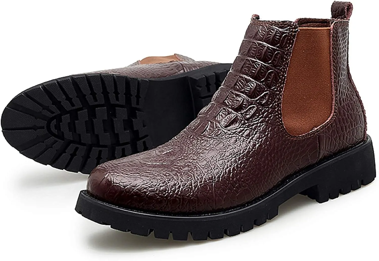 New Men's Chelsea Boots Round Toe Faux Crocodile Print Leather Slip On Wearable Waterproof Non Work Slip On