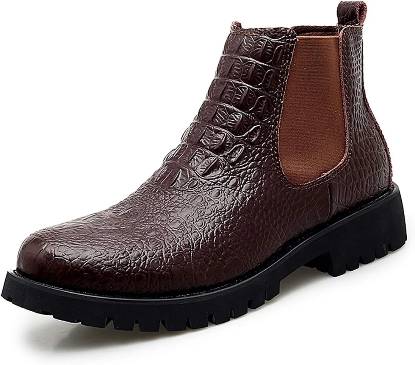 New Men's Chelsea Boots Round Toe Faux Crocodile Print Leather Slip On Wearable Waterproof Non Work Slip On