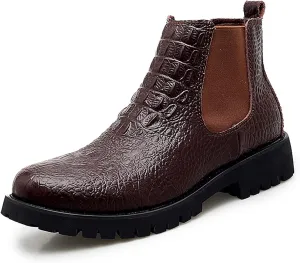 New Men's Chelsea Boots Round Toe Faux Crocodile Print Leather Slip On Wearable Waterproof Non Work Slip On