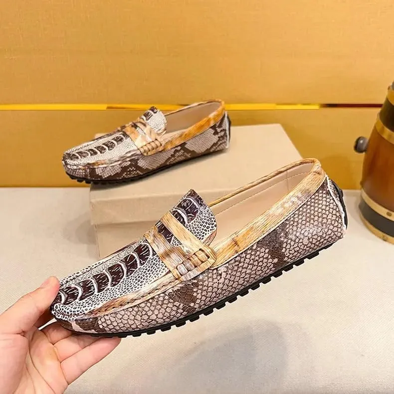 New Mens Loafers Genuine Leather Crocodile Embossed Penny Loafers Lightweight Flat Heel Flexible Wedding Casual Slip On