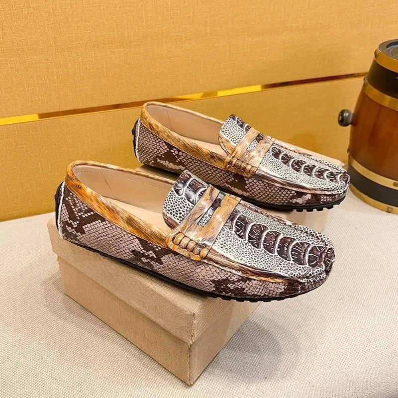 New Mens Loafers Genuine Leather Crocodile Embossed Penny Loafers Lightweight Flat Heel Flexible Wedding Casual Slip On