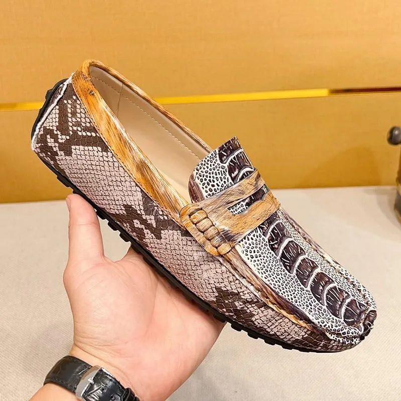 New Mens Loafers Genuine Leather Crocodile Embossed Penny Loafers Lightweight Flat Heel Flexible Wedding Casual Slip On