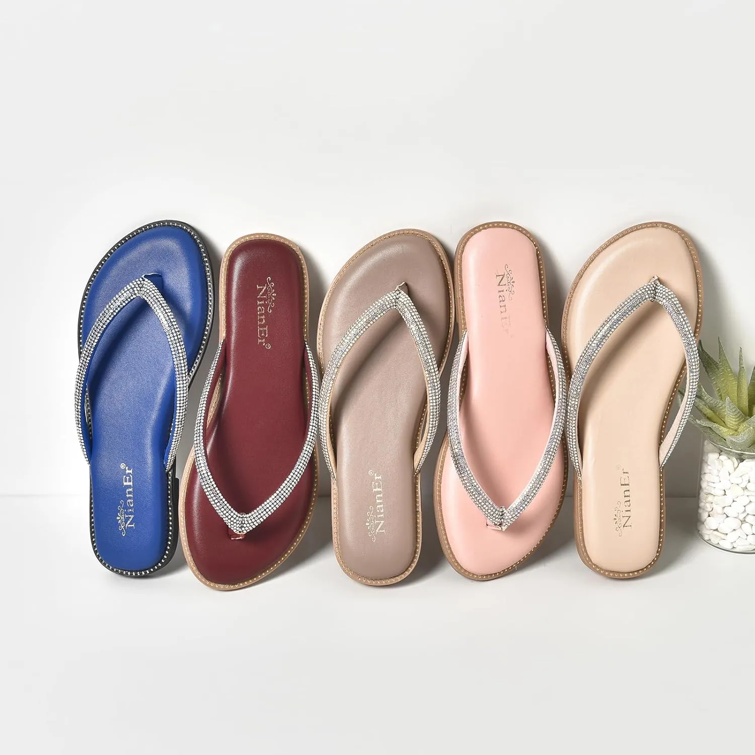 NianEr Womens Microfiber Leather Comfort Foam Rhinestone Glitter Sparkly Dress Flip Flop Sandals Summer Cute Flat Slides
