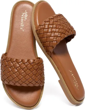 NianEr Womens Microfiber Leather Comfort Foam Rhinestone Glitter Sparkly Dress Flip Flop Sandals Summer Cute Flat Slides