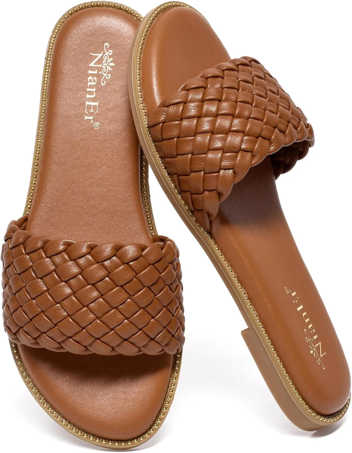 NianEr Womens Microfiber Leather Comfort Foam Rhinestone Glitter Sparkly Dress Flip Flop Sandals Summer Cute Flat Slides