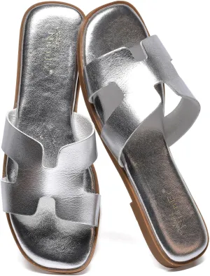 NianEr Womens Microfiber Leather Comfort Foam Rhinestone Glitter Sparkly Dress Flip Flop Sandals Summer Cute Flat Slides