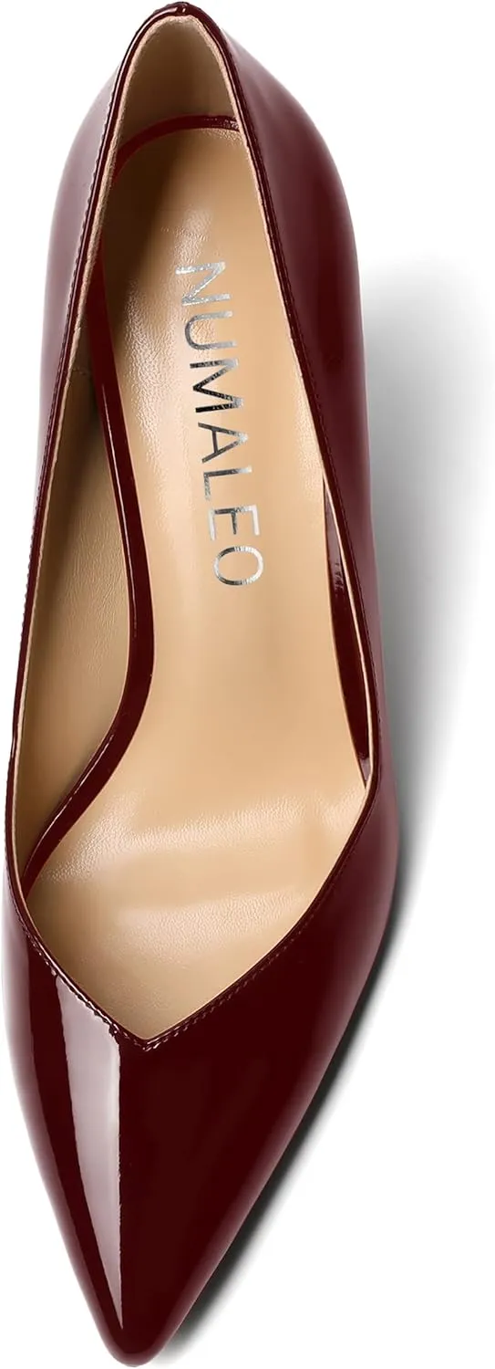 NUMALEO Womens Slip On Dress Solid Pointed Toe Dating Patent Spool High Heel Pumps Shoes 3.3 Inch