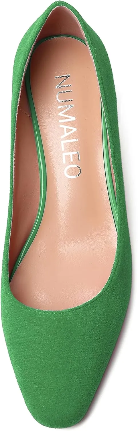 NUMALEO Womens Suede Solid Office Square Toe Slip On Casual Chunky Low Heel Pumps Shoes 2 Inch