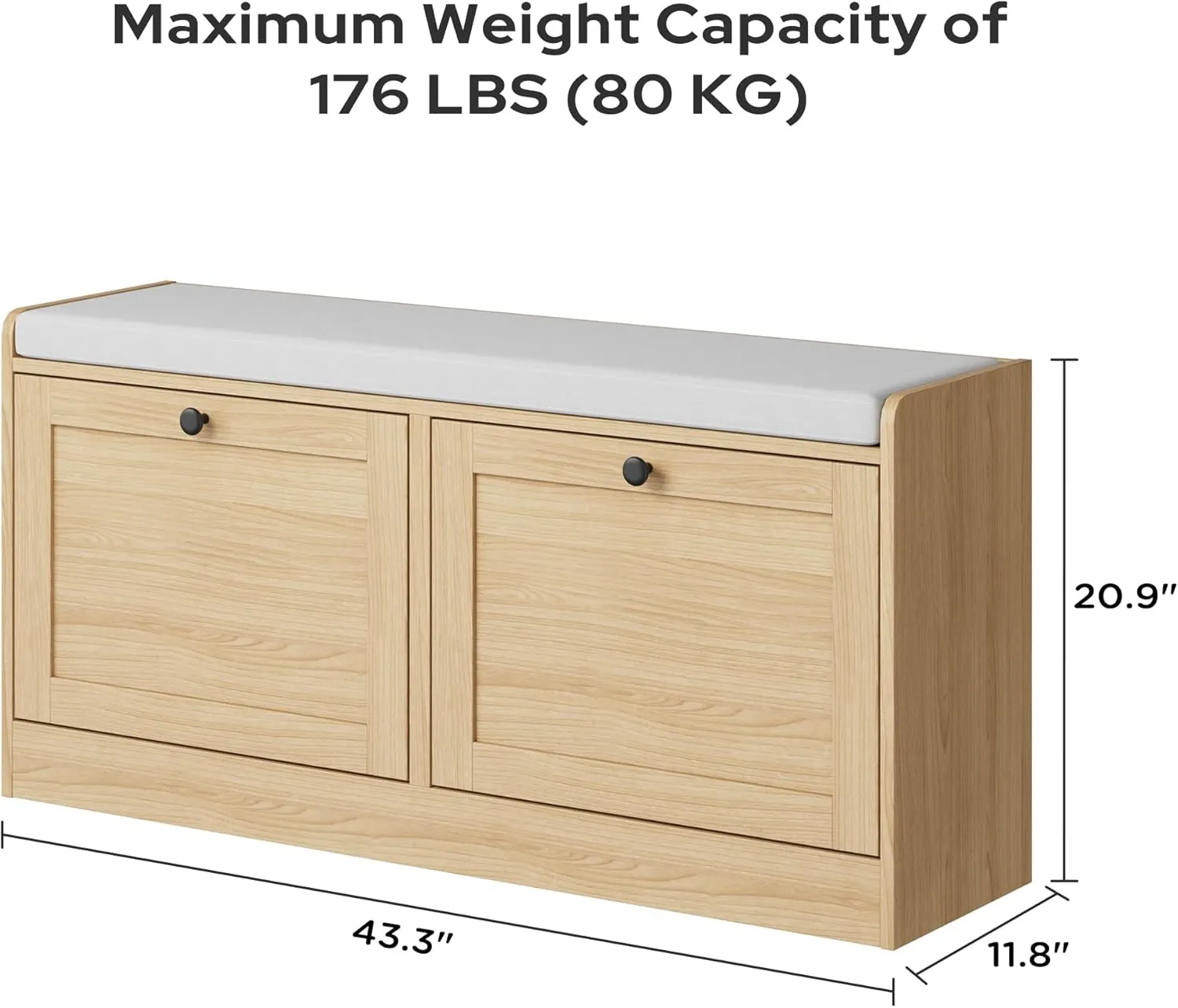 Oak Modern Entryway Bench with 2 Flip Drawers, Shoe Rack with Padded Seat Cushion, Wooden Storage Bench for Bedroom and Apartment