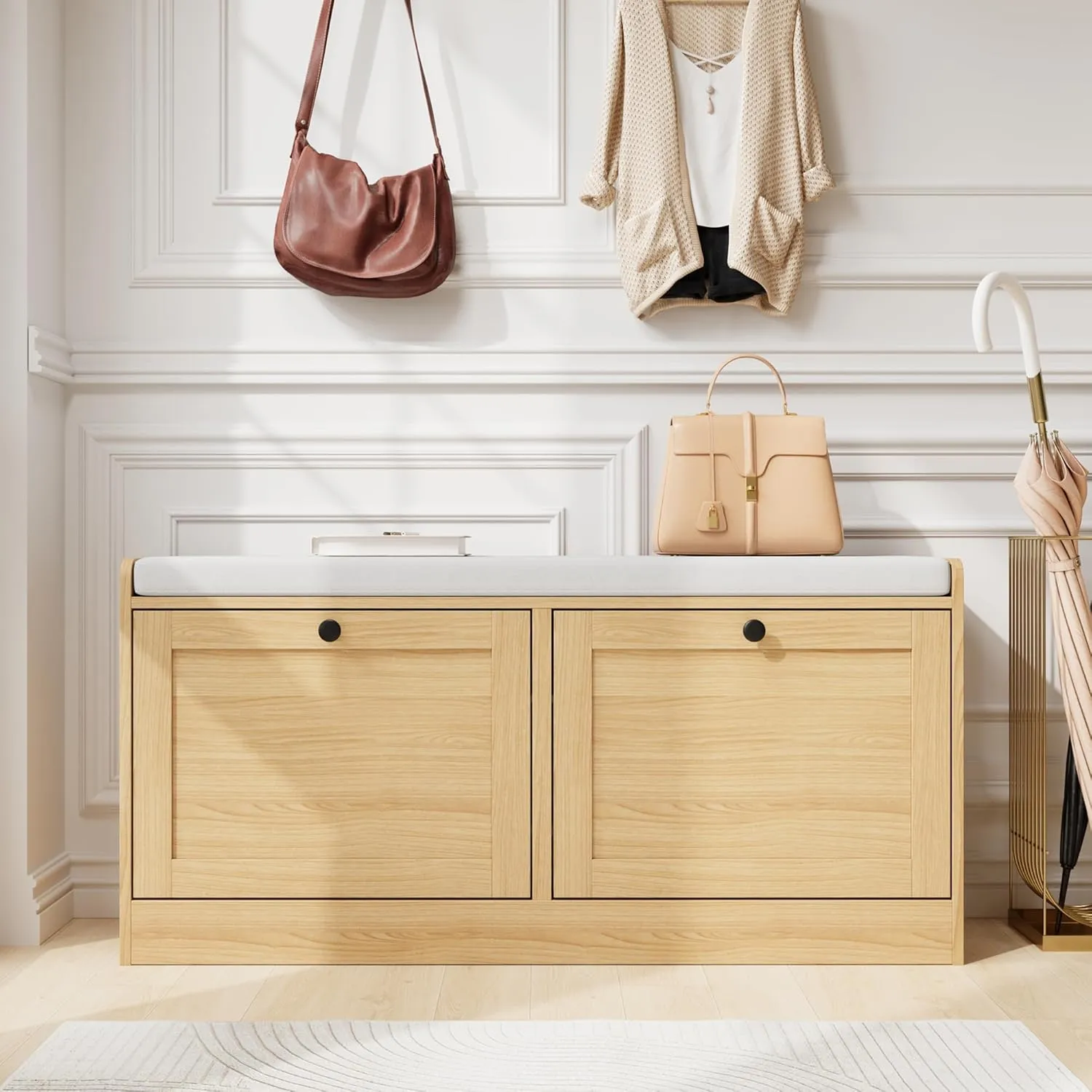 Oak Modern Entryway Bench with 2 Flip Drawers, Shoe Rack with Padded Seat Cushion, Wooden Storage Bench for Bedroom and Apartment