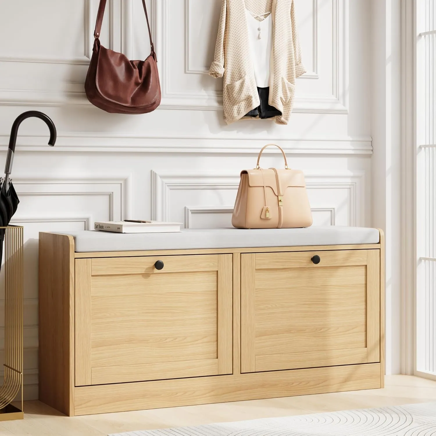 Oak Modern Entryway Bench with 2 Flip Drawers, Shoe Rack with Padded Seat Cushion, Wooden Storage Bench for Bedroom and Apartment