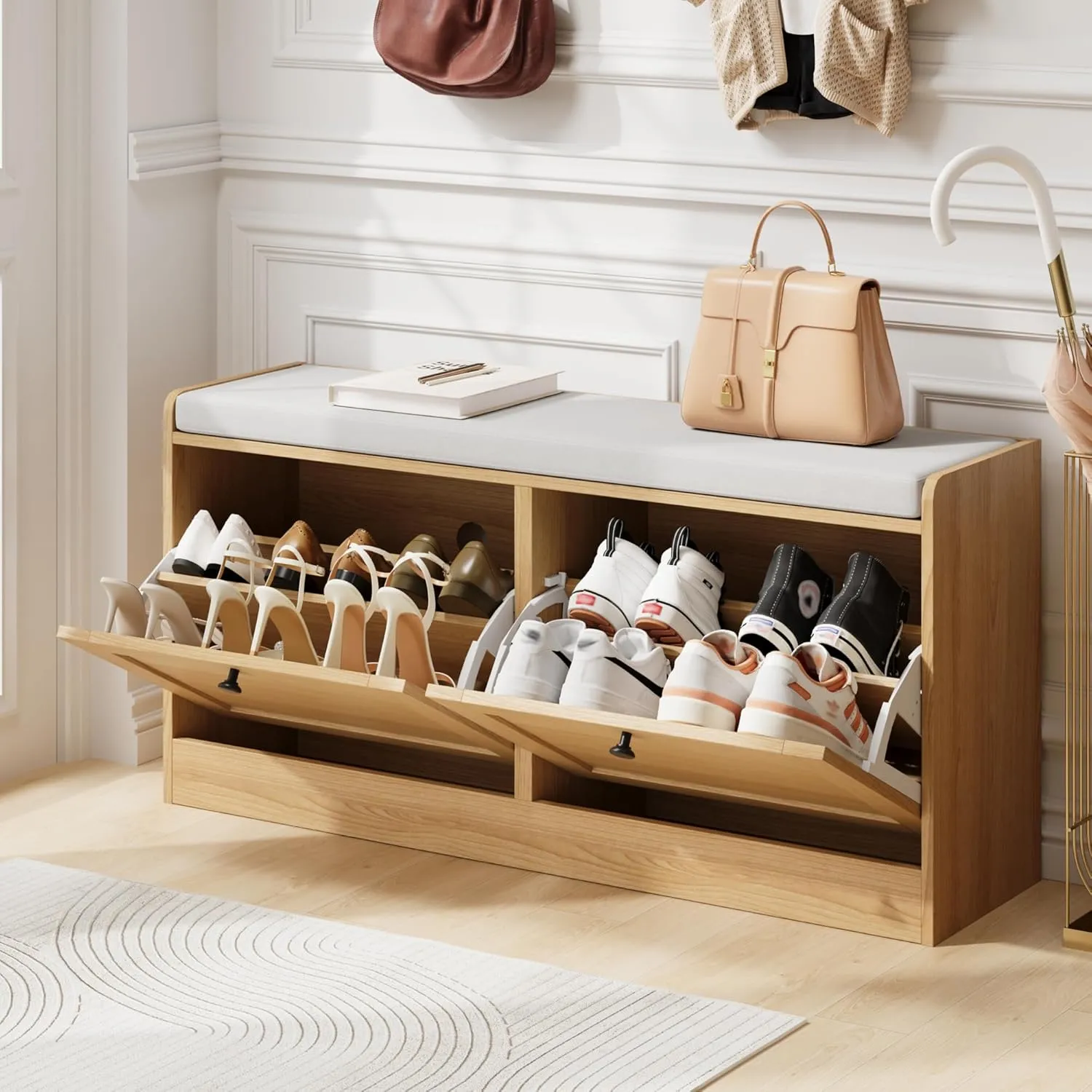 Oak Modern Entryway Bench with 2 Flip Drawers, Shoe Rack with Padded Seat Cushion, Wooden Storage Bench for Bedroom and Apartment