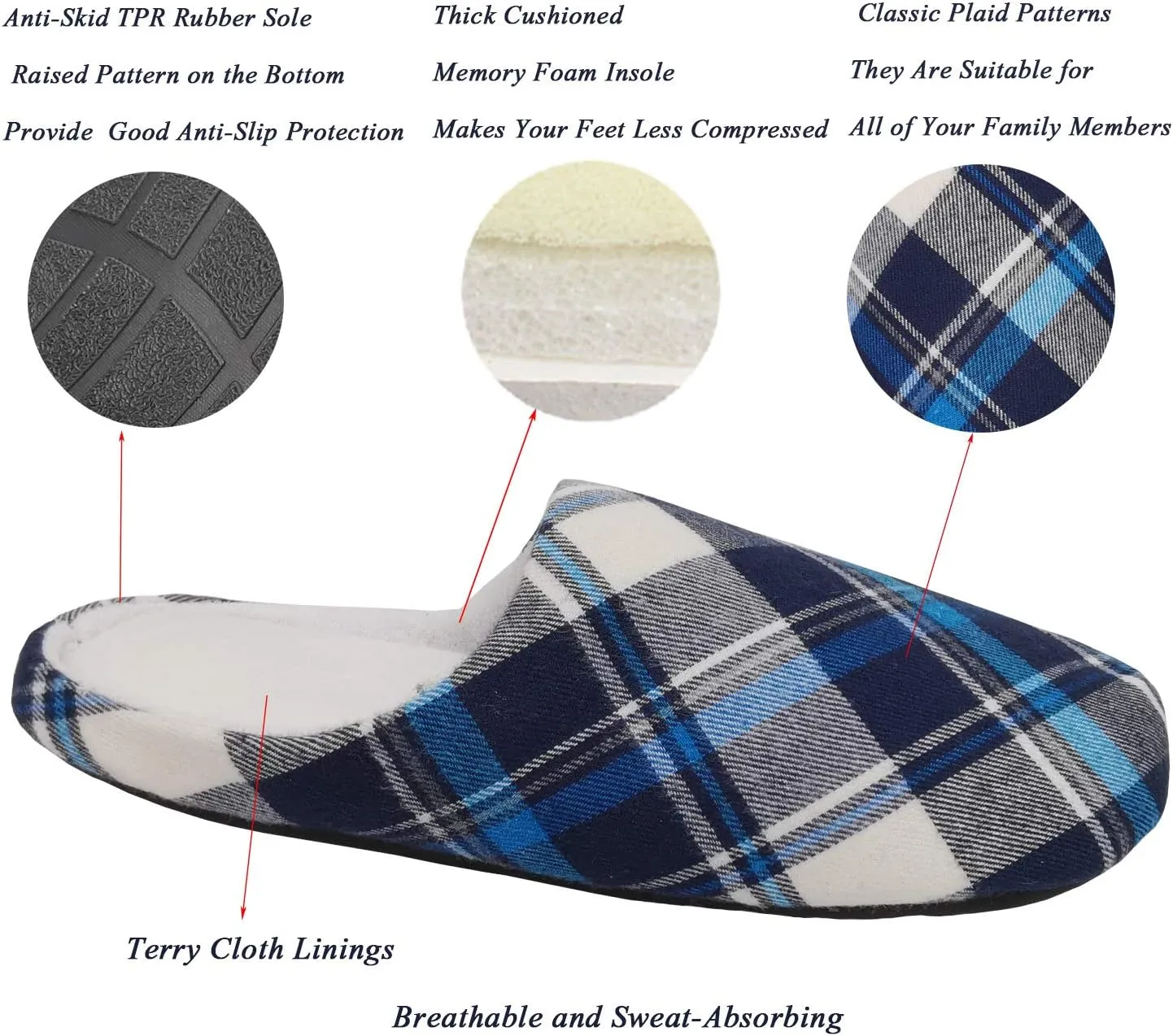 ofoot Mens & Womens Cotton Memory Foam House Slippers Bedroom Slip On Shoes Tartan Plaid Retro Style Anti Skid Rubber Outsole