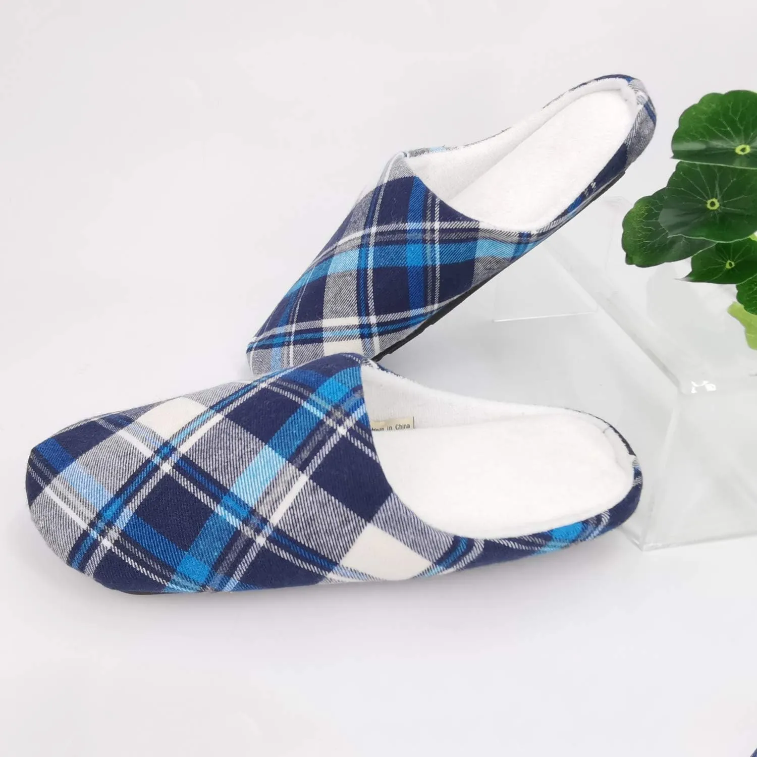 ofoot Mens & Womens Cotton Memory Foam House Slippers Bedroom Slip On Shoes Tartan Plaid Retro Style Anti Skid Rubber Outsole