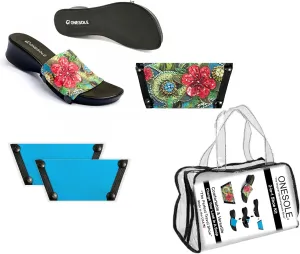 Onesole Leisure Black Travel Kit, Women’s Low Heel Wedge Sandals, Comfy Black Slip On Shoe with Two Sets of Tops in Solid Teal and Floral Print, for Dress and Casual, (Size 13)