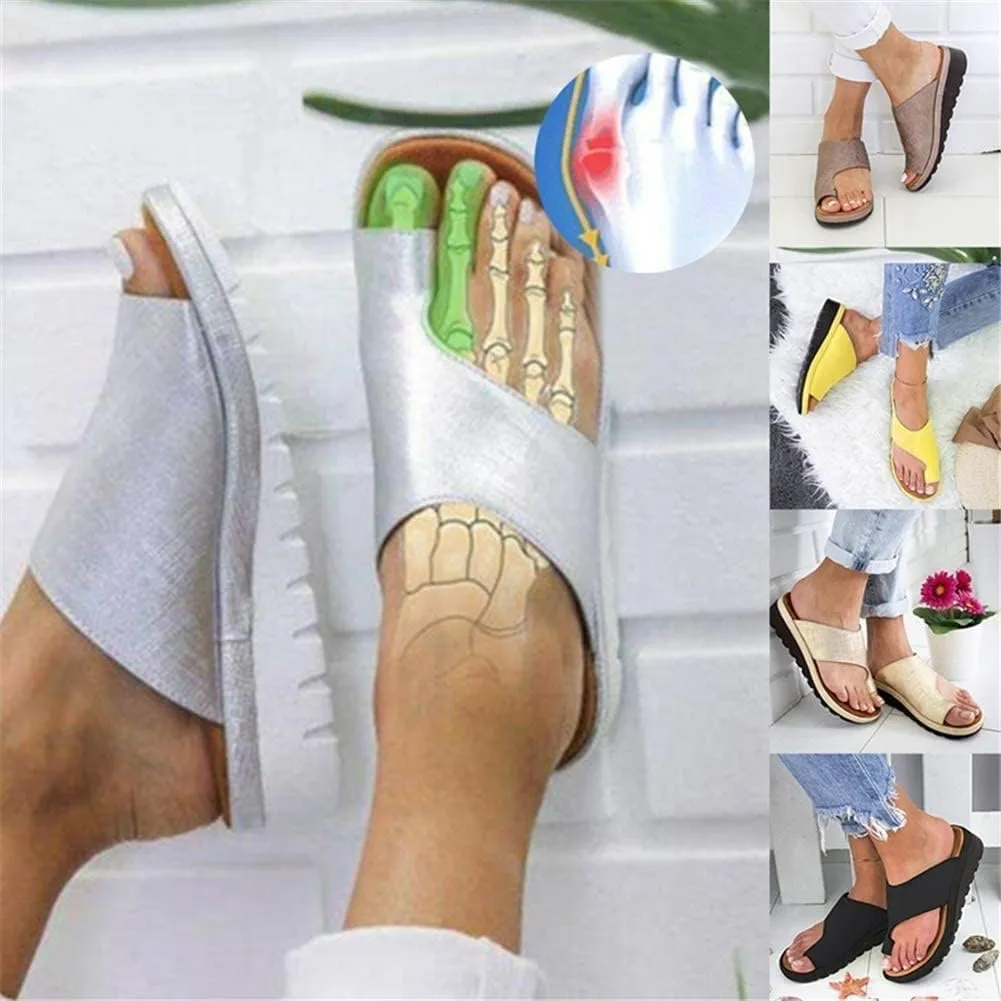 Orthopedic Bunion Corrector Sandals,Comfy Platform Flat Sole PU Leather Shoes for Women (Khaki,7-7.5)