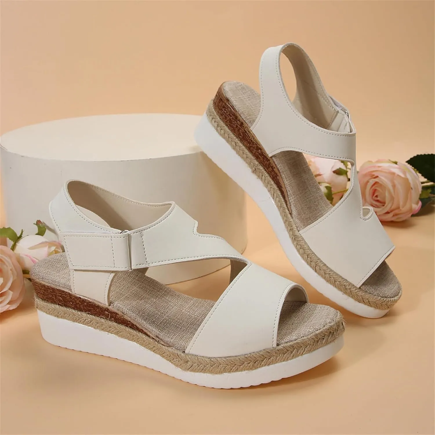Orthotic Sandals for Women Comfy Open Toe Wedge Summer Flat Heels Espadrilles Walking Shoes Thick-Soled Buckle Stylish Ultra-Comfy 2025 Slip on Elastic Ankle Strap Casual Platform Sandals