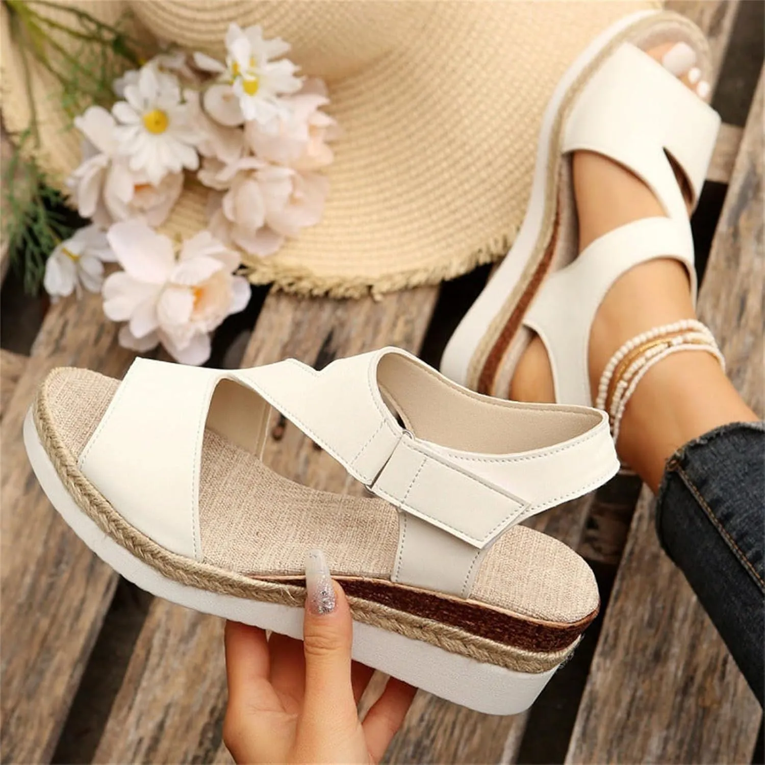 Orthotic Sandals for Women Comfy Open Toe Wedge Summer Flat Heels Espadrilles Walking Shoes Thick-Soled Buckle Stylish Ultra-Comfy 2025 Slip on Elastic Ankle Strap Casual Platform Sandals