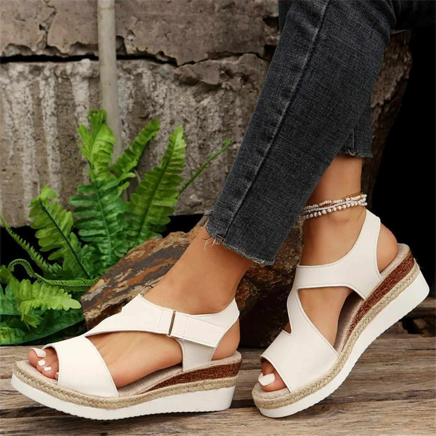 Orthotic Sandals for Women Comfy Open Toe Wedge Summer Flat Heels Espadrilles Walking Shoes Thick-Soled Buckle Stylish Ultra-Comfy 2025 Slip on Elastic Ankle Strap Casual Platform Sandals