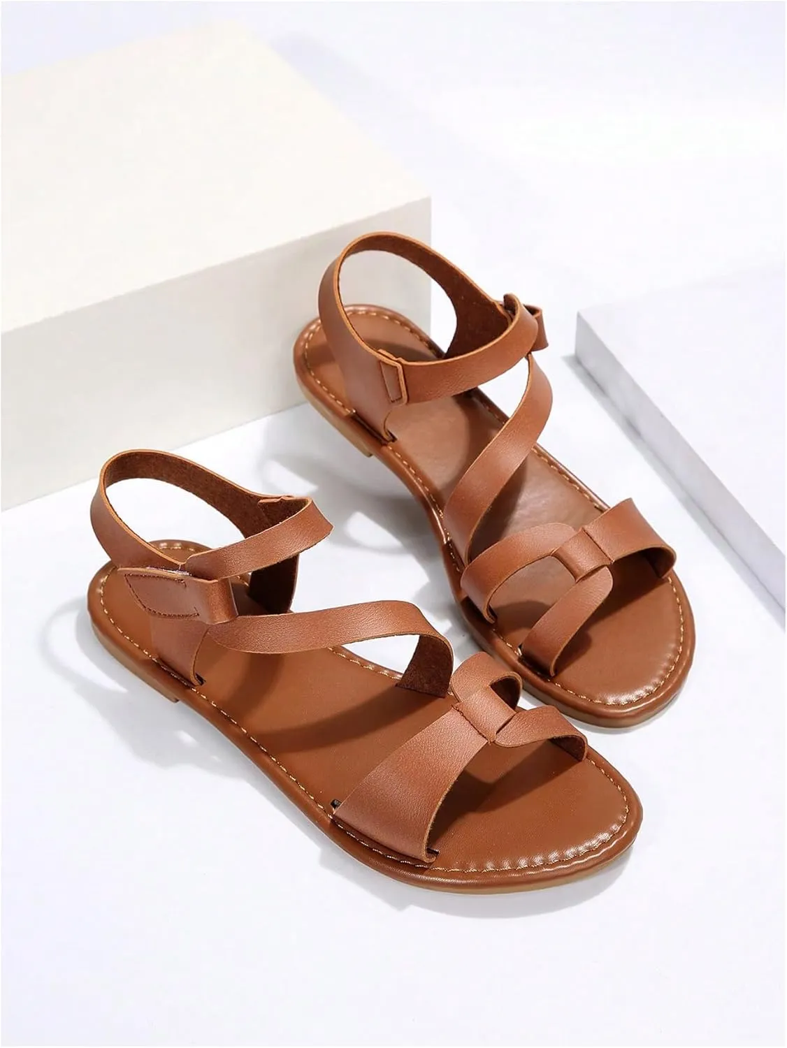 OYOANGLE Women's Cut Out Strappy Leather Ankle Strap Sandals Summer Open Toe Flat Sandal Comfy Walking Shoes