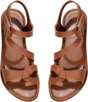 OYOANGLE Women's Cut Out Strappy Leather Ankle Strap Sandals Summer Open Toe Flat Sandal Comfy Walking Shoes