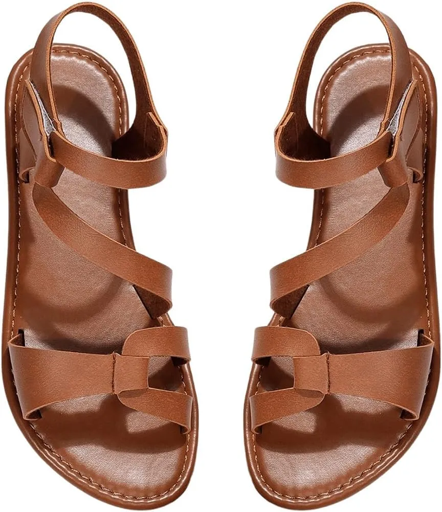 OYOANGLE Women's Cut Out Strappy Leather Ankle Strap Sandals Summer Open Toe Flat Sandal Comfy Walking Shoes