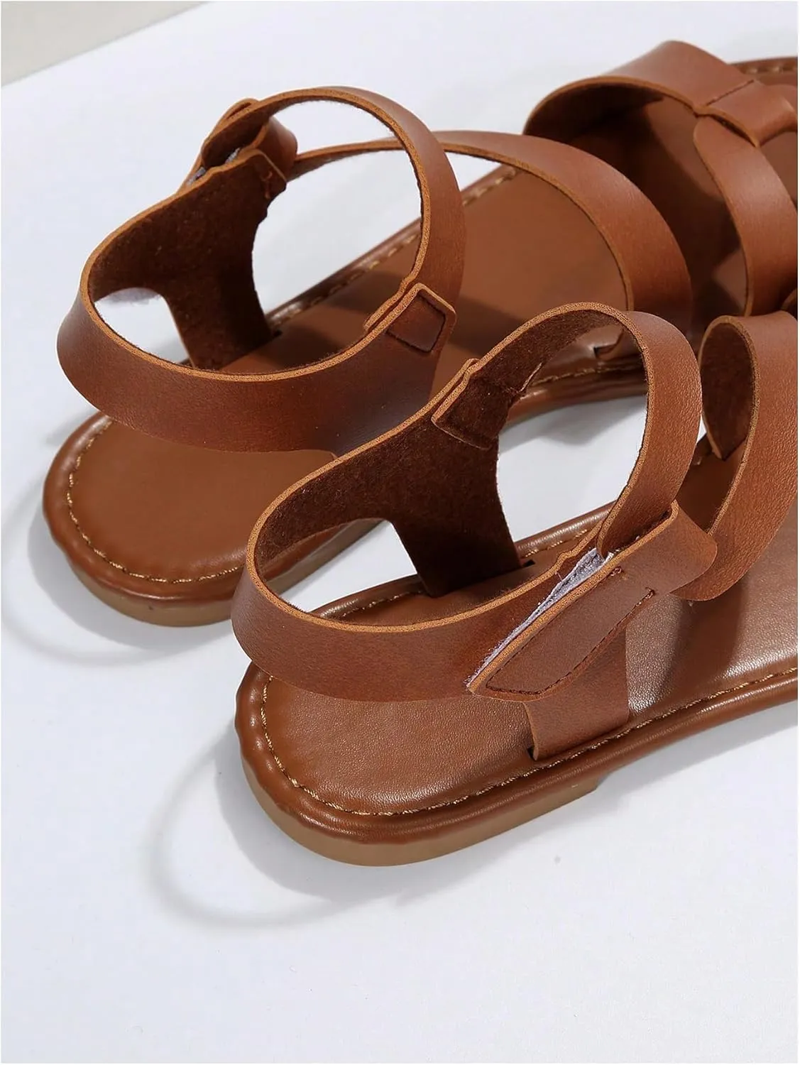 OYOANGLE Women's Cut Out Strappy Leather Ankle Strap Sandals Summer Open Toe Flat Sandal Comfy Walking Shoes