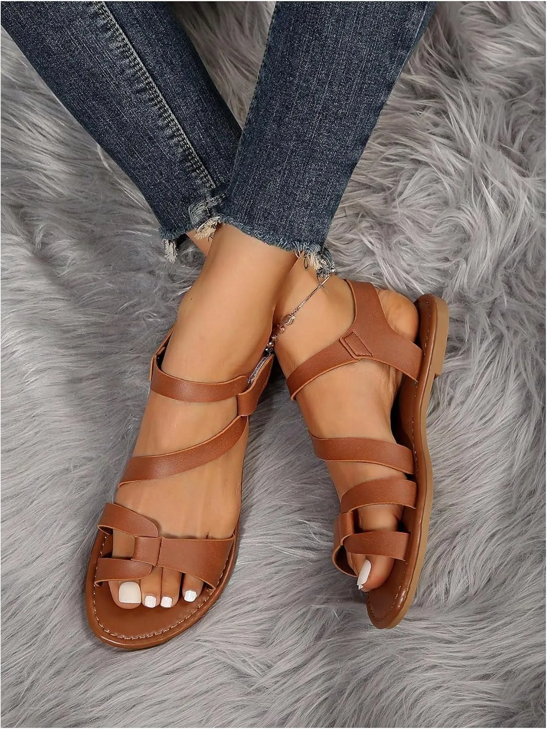 OYOANGLE Women's Cut Out Strappy Leather Ankle Strap Sandals Summer Open Toe Flat Sandal Comfy Walking Shoes